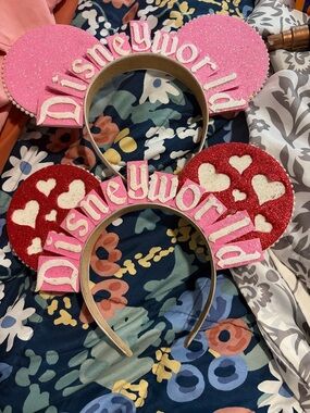Disney World Pink & Red Glitter Minnie Ears Headband